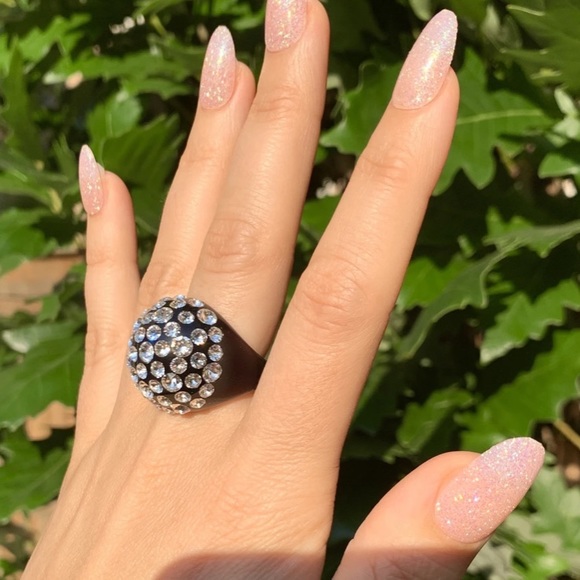 Women’s Black Acrylic Ring Embellished With Swarovski Crystal Stones, Dome Shape - Picture 15 of 15